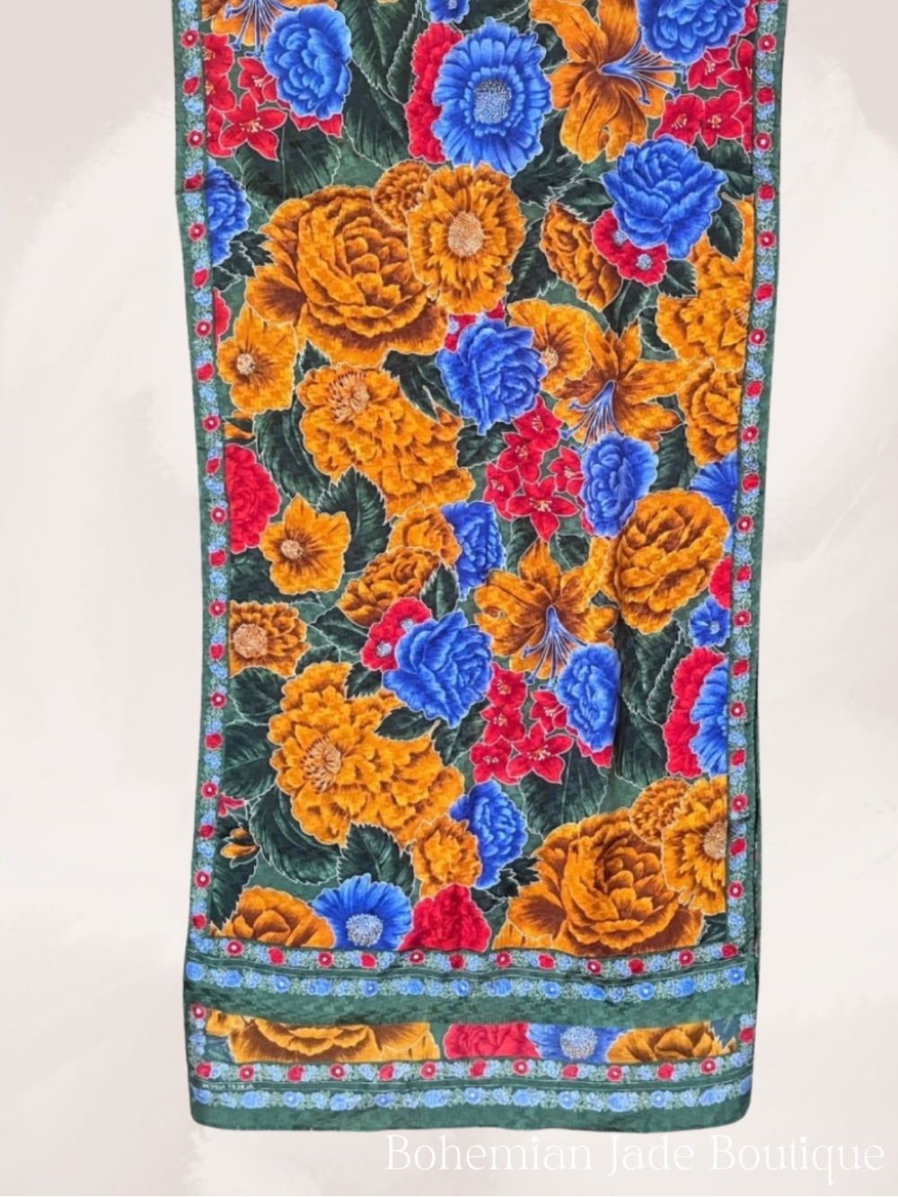 Vintage Albert Nipon 100% Silk Floral Long Rectangle Scarf Blue Gold Green Red - Picture 2 of 5
